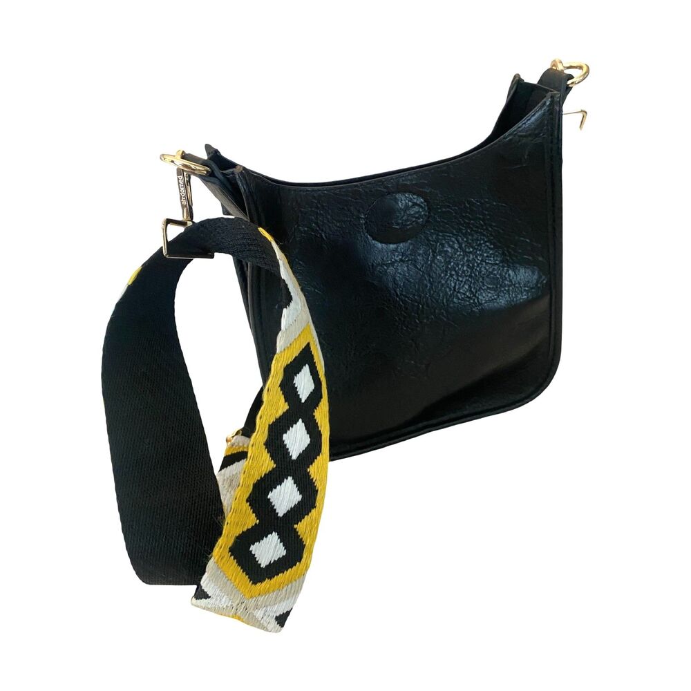 AhDorned Black Vegan Messenger Crossbody Yellow Geometric Guitar Style Strap - Picture 4 of 12